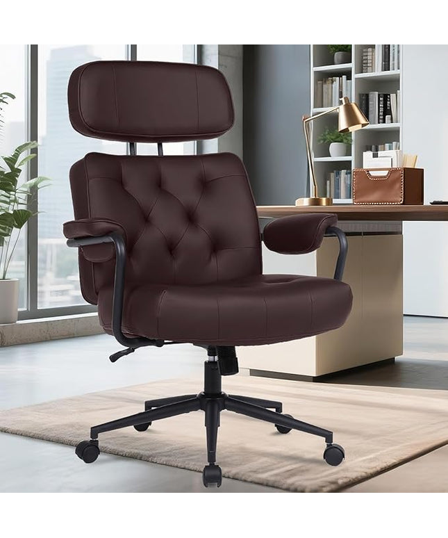 Big and Tall Office Chair 500LBS, Executive Office Chair for Heavy People, Heavy Duty Desk Chair Comfy, Computer Chair High Back PU Leather, Extra Wide Rocking Chair with Wheels for Home Office, Brown