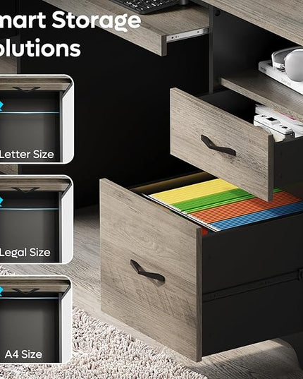 Bestier 59” Computer Desk with 4 Drawers, Office Desk with Storage, Industrial Executive Desk with File Drawer, Keyboard Tray & 2 Pedestals on Both Sides for Home Office & Studio, Grey