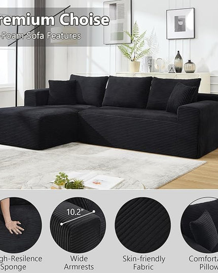 PELUMY 108.7" L-Shaped Modular Sectional Sofa with Oversized Chaise, Cloud Couch with Memory Foam, No Assembly Required Sleeper Sofa for Small Space Living Room, Apartment (Black, Corduroy)