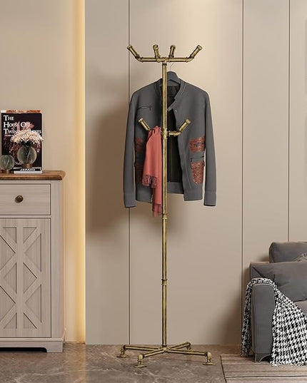 Industrial Coat Rack, Metal Pipe Coat Rack Stand Freestanding with 6 Hooks, Heavy Duty Coat Tree Sturdy Coat Racks for Entryway, Hallway, Bedroom (Vintage gold)
