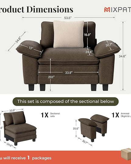 53.5" Cloud Modular Sectional Single Sofa, Deep Seat Armchair with Plush Chenille & Removable Arms for Living Room, Taupe