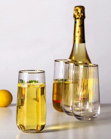 Lysenn Stemless Wine Glasses Set of 4 - Premium Hand Blown Drinking Glasses for Bubbly Wine & Champagne - Elegant Vertical Stripe and Gold Rim Champagne Flutes – Clear 17oz