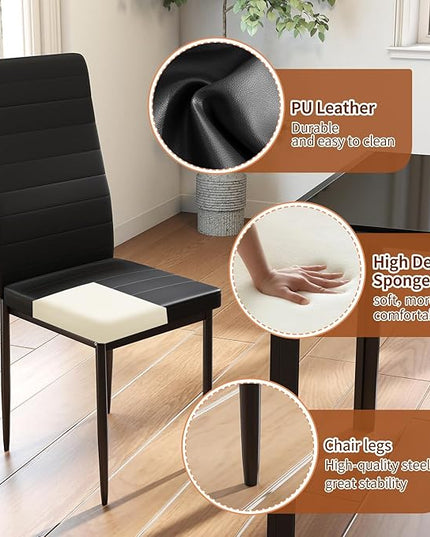 FDW | Dining Table Set for 4 | 5-Piece Glass Black Dining Table | Kitchen Table with 4 Upholstered Chairs and Faux Leather Cushions | Space-Saving and Modern Design | for Dining Room, Easy to Assemble