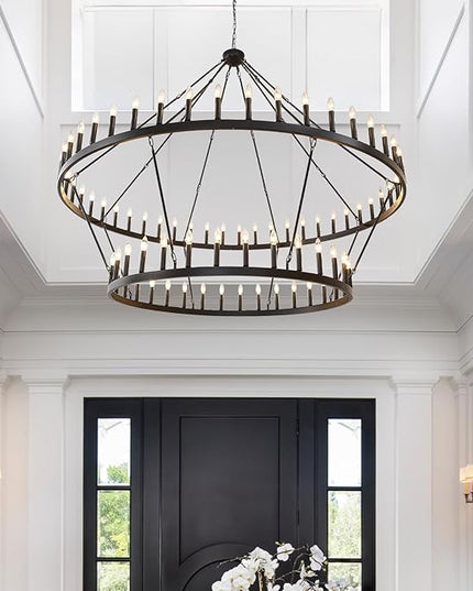 80-Inch Black 2 Tier Wagon Wheel Chandelier, 80-Light Double Tier Extra Large Foyer Lighting, Candle Industrial Round Iron Chandelier for High Ceilings, Dining Room, Entryway, E12