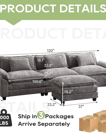 120" Modular Sectional Sofa, Comfy Cloud Couch Sectional Sofa with Ottoman, Chenille Sofa Sleeper Deep Seat Sofa with Throw Pillows for Living Room (Light Gray, 120"- L Shape)