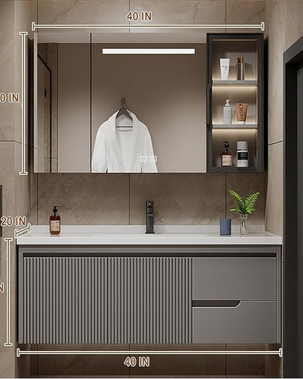 Grey Bathroom Vanity With Sink - 40IN Bathroom Vanity Include Smart Defog Mirror Cabinet & LED Light & 2 Drawers | Side Cabinet Storage Design & Three-Dimensional Stripe Design, Easy to Install