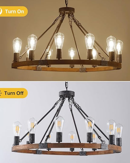 Farmhouse Wagon Wheel Chandelier 31" Black Wooden Chandelier 12-Light Rustic Pendant Light Fixture for Dining Room Living Room Entryway Foyer