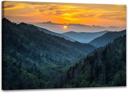 Forest Sunrise Wall Art Decor Great Smoky Mountains Photo Prints National Park Landscape Canvas Painting Artwork Framed for Bedroom Living Room (16x24 inch)