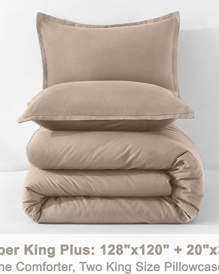 Litanika Light Coffee Oversized King Comforter Set Super King Plus Size, 3 Pieces Lightweight Solid Bedding Comforter Set, All Season Fluffy Bed Set (128x120In Comforter & 2 Pillowcases)