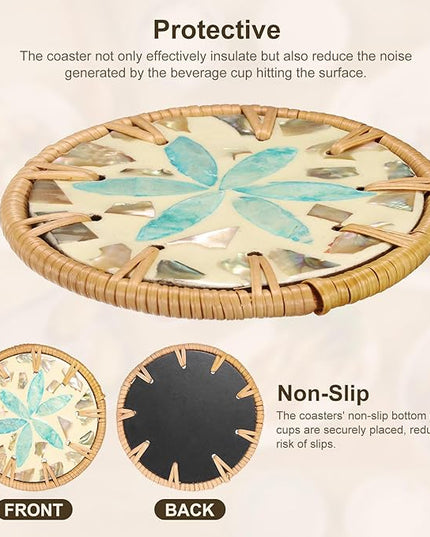 uxcell 2Pcs Handmade Woven Rattan Coasters, Heat-Resistant Drink Coasters for Coffee Table Dining Room Kitchen Coffee Wine Decor, Light Blue Petal