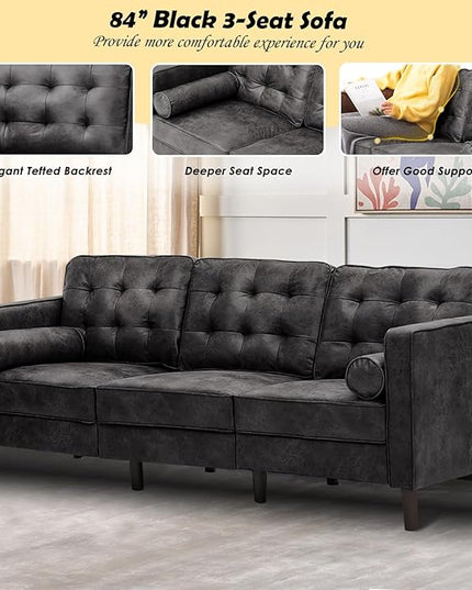 84" Suede Leather 3 Seater Sofa with Two Bolster Pillows, Tufted Sofa with Wooden Legs, Mordern Couch for Living Room, Office, Apartment, Black