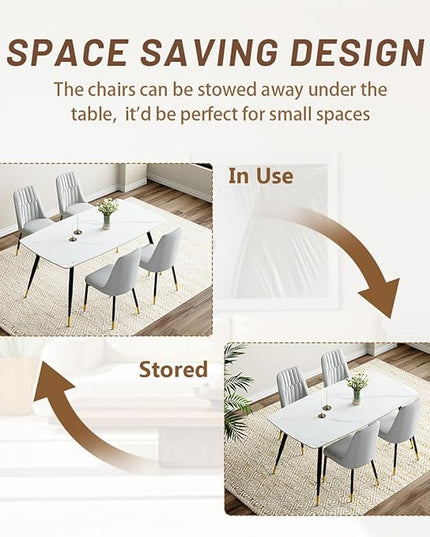 White Dining Table Set for 4, 62'' Dining Table Set for 4, Sintered Stone Dining Room Sets for 4, Easy to Assemble