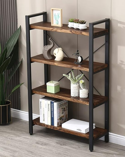 Solid Wood Bookshelf,4 Tier Rustic Vintage Industrial Etagere Bookcase, Open Metal and Wood Vintage Book Shelf, Retro Brown (RealWood)(4-Tier)