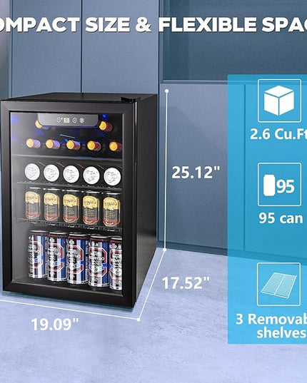2.7 Cu.ft Beverage Refrigerator Cooler, 95 Can Mini Fridge Glass Door with Adjustable Shelves, Digital Temperature Display, Freestanding Small Drink Fridge for Home, Office or Bar(Black)