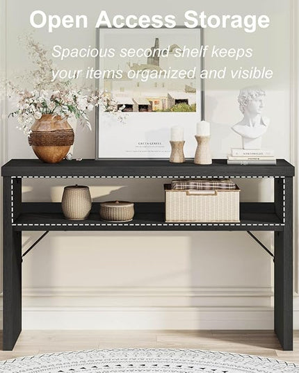 BON AUGURE Console Table with Storage, Black Entryway Table, Wooden Couch Tables Behind Sofa for Living Room, 2 Tier Front Door Entrance Tables (Black Oak, 47 Inches)