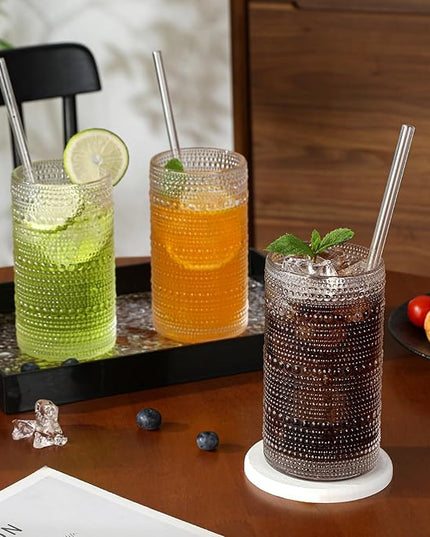 Vintage Hobnail Drinking Glasses Set of 12, 16 oz Large Capacity Embossed Clear Tumblers, Highball Glasses for Water, Cocktail, Beer, Whiskey, Kitchen & Bar Use