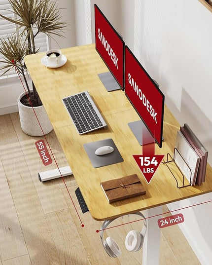 SANODESK Electric Standing Desk 55x24 Inch Height Adjustable Stand Up Desk Home Office Computer Workstation Sit Stand Home Office Desk with Splice Board (White Frame + Maple Top)