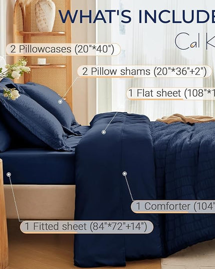 MUXHOMO 7 Pieces California King Comforter Set, Seersucker Bed in a Bag Cal King Size, All Season Luxury Bedding Set with Comforter, Flat Sheet, Fitted Sheet, Pillowcases & Shams, Navy Blue