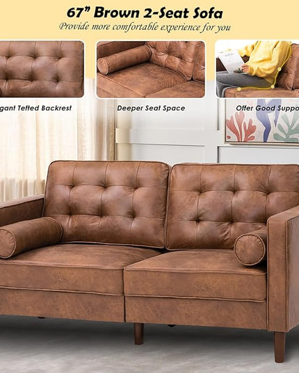 67" Suede Leather 2-seat Sofa with Two Bolster Pillows, Tufted Loveseat with Wooden Legs, Morden Sofa Suitable for Living Room, Office, Brown