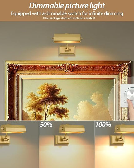 Picture Lights for Wall Hardwired, 8" Brass Picture Light, Brush Gold Art Light, 2700k Dimmable Gallery Lights, Vintage Wall Picture Light Painting Light for Artwork Poster Portrait Display