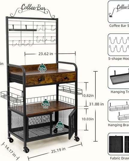 Coffee Bar Cart with Wheels, 5-tier Coffee Bar Table, Kitchen Coffee Bar Cabinet with Storage, Rustic Coffee Bar, Rolling Coffee Cart, Coffee Nook, Corner Coffee Bar Station with Drawer, Bakers Rack