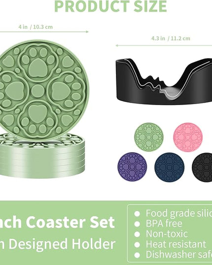 6 Pack Green Silicone Coasters with Holder, 4 Inches Non-Slip Decorative Coaster for Tabletop, Desk Dishwasher Safe Cup Mat for Bar, Drinks, Beer, Coffee