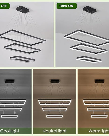 3 Rings Modern LED Chandelier Black 31.5inch Rectangle Dimmable LED Pendant Light with Remote Control 3 Tier Flush Mount High Ceiling Light for Dining Living Room Foyer(3000K-6500K, H71)