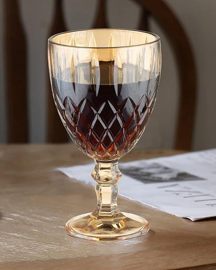 24 Pcs Vintage Wine Glasses, 11 Ounces Colored Glass Water Goblets, Colorful Unique Embossed Pattern High Clear Stemmed Glassware Wedding Party Bar Glass Drinking Cups Amber Fancy Glasses Set of 24