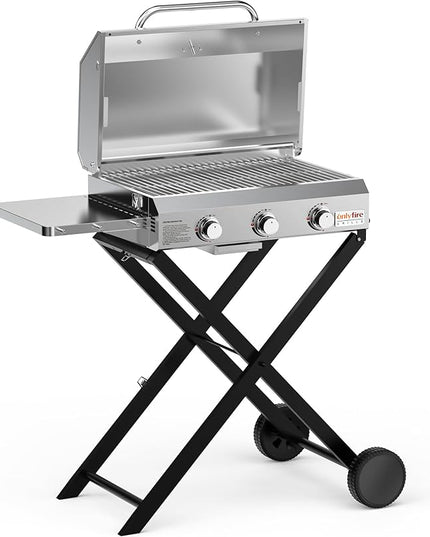 BBQ Gas Grill 3-Burner with Foldable Cart & Side Table, Portable Propane Grill with Lid for Outdoor Patio Backyard Barbecue Camping Tailgating RV Trip, Stainless Steel, GS308