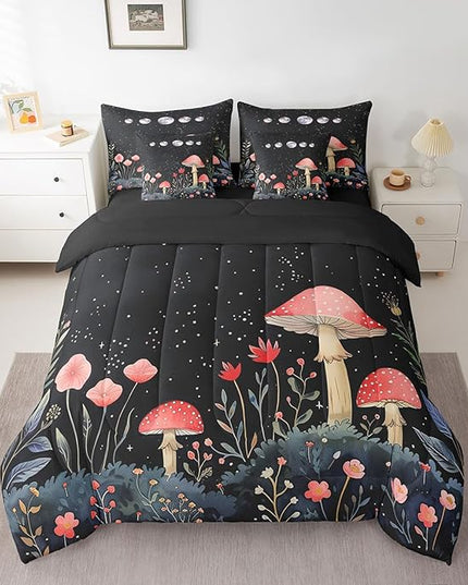 Feelyou Gothic Nature 7 Piece Bedding Set King Size Flower Mushroom Comforter Set with Sheets for Teens Boys Girls Bedroom Decor Rustic Garden Bed in a Bag Soft Reversible Bed Set