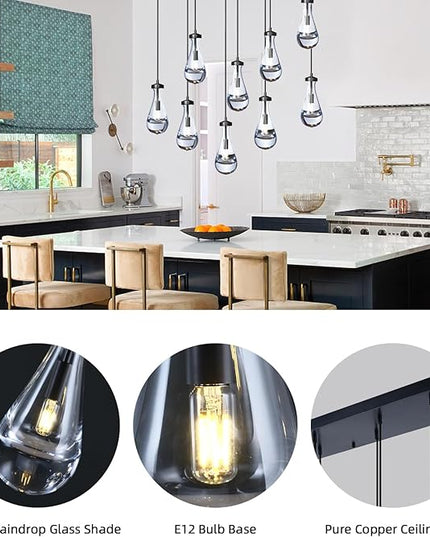 Raindrop 9-Light Chandelier for Dining Room, Black Rectangular Teardrop Pendant Lights with Hand-Blown Glass, Adjustable 138" Ropes, Light Fixture Over Table, Kitchen Island, Entryway, Foyer