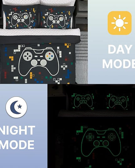 Full Size Comforter Set for Boys-7 Pieces Gamer Glow in The Dark Full Bedding Sets for Kids, Ultra Soft Bed in A Bag with Sheets