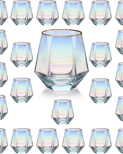 XKXKKE 24 Pcs Diamond Wine Glasses, 10 OZ Modern Stemless Gold Rim Glass Cups Iridescent Drinking Glassware for Serving Party, Home, Bar, Restaurants, Gift, Rainbow Tumbler, Colorful Set of 24