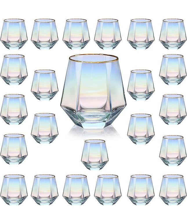 XKXKKE 24 Pcs Diamond Wine Glasses, 10 OZ Modern Stemless Gold Rim Glass Cups Iridescent Drinking Glassware for Serving Party, Home, Bar, Restaurants, Gift, Rainbow Tumbler, Colorful Set of 24
