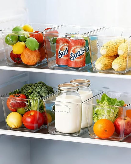 Clear Pantry Organizer Bins, Storage Containers & Plastic Containers with Handle, Cabinet Organizer, Home Organization Must Haves for Kitchen, Laundry Room, Office, Closet & Freezer (6 Pack)