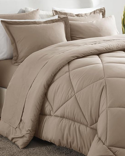 CozyLux Queen Comforter Set Khaki - Bed in a Bag Queen Size 7 Pieces, Luxury Soft Bed Set for All Seasons, Bedding Set with Down Alternative Comforter, Sheets, Pillowcases & Shams