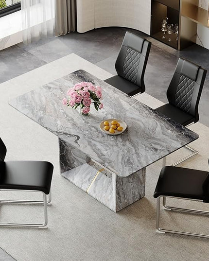 Dinner Table Set for 4, 5 Piece Dining Table Set with Chairs, 63" Faux Marble Modern Table with 4 PU Leather Upholstered Chairs, for Kitchen & Dining Room