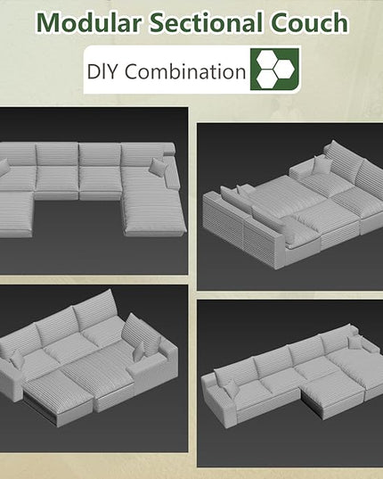 136" W Cloud Couch Modular Sectional Sofa for Living Room, U-Shape Boneless Couch with Deep Seat, Modern Corduroy 4-Seater with Ottoman, No Assembly Required (Camel,Right-Facing Chaise)