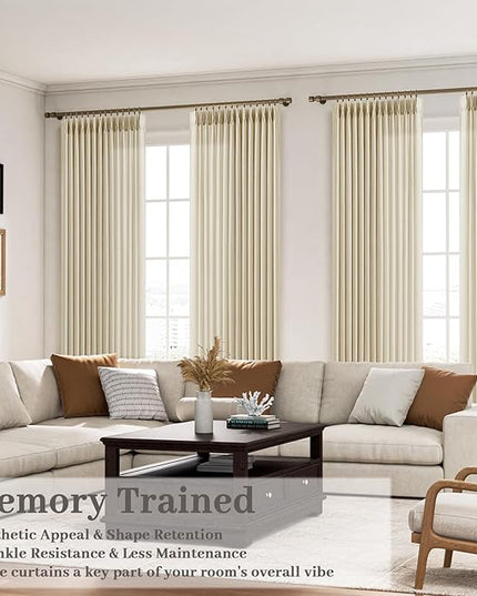 Linen Memory Trained Shaped 96 Inches Long Pinch Pleated Curtains for Living Room, Light Filtering Privacy for Bedroom Cream Beige Elegant Curtain Thick Fabric 8 ft Length 2 Panels Set 40" x 96"