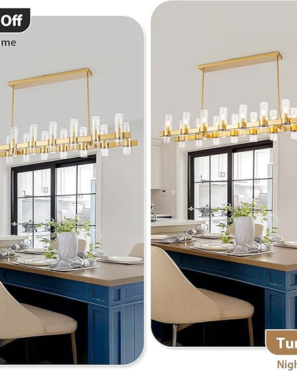 Gold Linear Chandeliers for Dining Room, 54" Rectangle Chandelier with Glass, 16-Light Modern Chandeliers Over Table, Farmhouse Chandelier for Kitchen Island, Industrial Pendant Light Fixtures