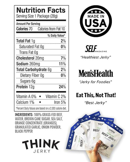 Think Jerky Classic Beef Jerky, Grass-Fed High Protein Beef, Gluten Free, No Antibiotics or Nitrates, Healthy Chef Crafted Recipe, Low Calorie and Low Fat - 1.0 oz Bags, 8 Pack