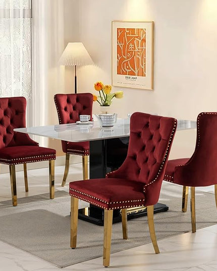 SoarFlash Velvet Dining Chairs Set of 4, Tall Back Side Chair, Modern Upholstered Side Chair with Button Back Ring, Gold Plated Stainless Steel Legs (Red)