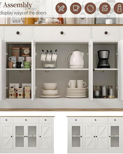 4 EVER WINNER 55" Buffet Cabinet with Storage, Farmhouse Coffee Bar Cabinet with Glass Doors and Drawers, Sideboard Cabinets with Adjustable Shelves for Living Room, Kitchen, White