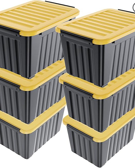 Nazhura 72Quart Plastic Storage Bin, Stackable and Nestable Storage Boxes with White Lids and Secure Latching Buckles, Large Storage Container (Black/Yellow, 72Quart-6Pack)