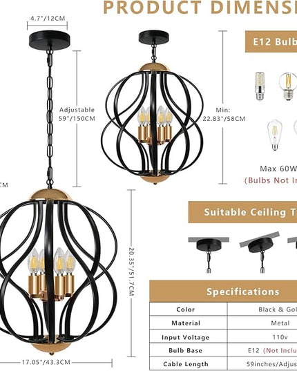 Black and Gold Chandelier for Dining Room, 4-Light Modern Farmhouse Chandelier Light Fixture, Adjustable Industrial Pendant Lights Kitchen Island, Hanging Chandeliers for Living Room Foyer