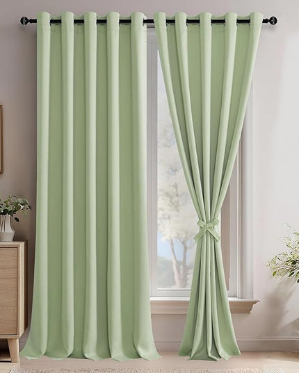 JIUZHEN Light Green Blackout Curtains with Tiebacks Thermal Insulated, Light Blocking and Noise Reducing Grommet Curtains for and Living Room, Set of 2 Window Curtain Panels, 60 x 96 Inch Length