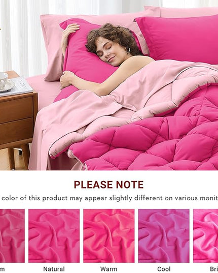 MUXHOMO 5 Pieces Twin XL Comforter Set, Reversible Bed in a Bag Twin XL Size, All Season Bedding Set with Comforter, Flat Sheet, Fitted Sheet, Pillowcases & Shams, Hot Pink & Baby Pink