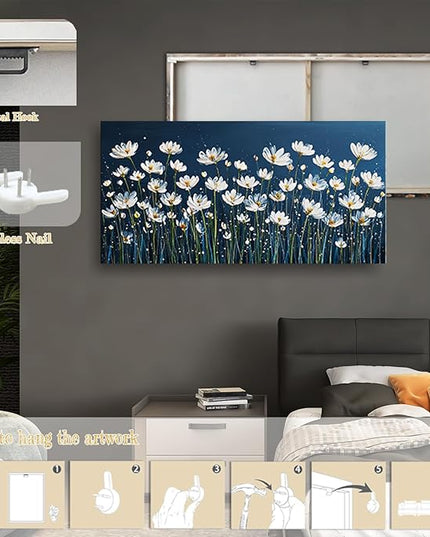 HUADAOART White Daisy Floral Canvas Wall Art Navy Blue Background Living Room Bedroom Decor Size: 24" x 48" Ready to Hang
