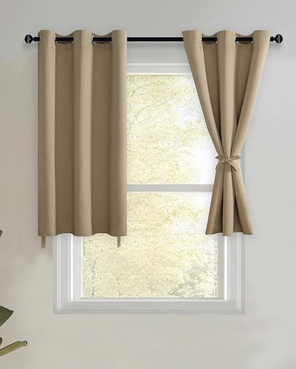JIUZHEN Short Curtains Kitchen Half Window Blackout Curtains with Tiebacks for Baseroom Shadows, Grommet Curtains for Living Room, Set of 2 Window Curtain Panels, 42 x 30 Inch Length，Camel