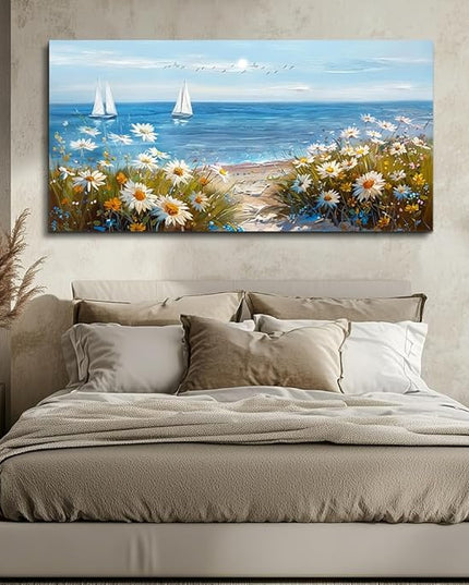 PHAOHUAXM Large Blue Ocean Landscape Canvas Printing Picture Wall Art For Living Room Farmhouse Dinin Mural White Flowers Bedroom Office Wall Decor Home Decor Painting Easy To Hang 30x60 Inches